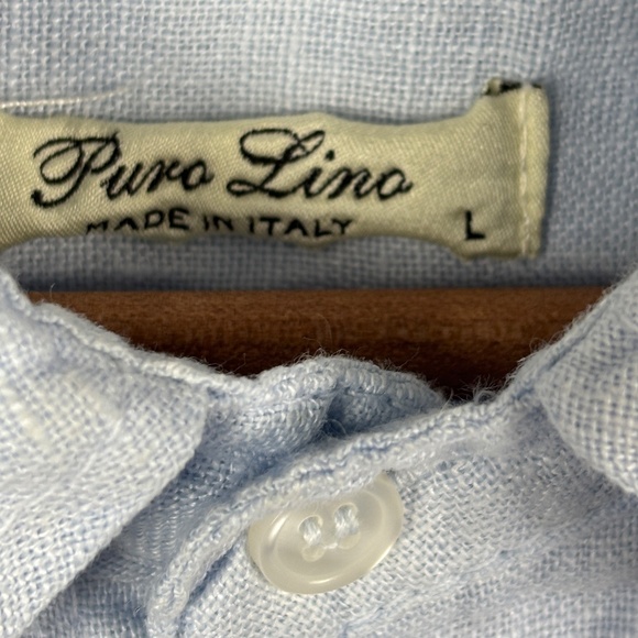 Puro Lino Mens Long Sleeve Button Down Shirt 100% Linen Sz L Blue Beachy Classic - Picture 3 of 8